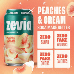 Zevia Zero Sugar Soda, Peaches and Cream, 12 oz Cans (24-Pack) – Caffeine Free, Naturally Sweetened, No Calorie Soda - Non-GMO Project Verified, Gluten-Free, Vegan