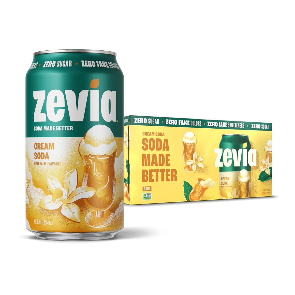 Zevia Zero Sugar Soda, Cream Soda, 12 oz Cans (8-Pack) – Naturally Sweetened, Non-GMO Project Verified, Gluten-Free, Vegan