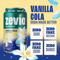 Zevia Zero Sugar Soda, Vanilla Cola, 12 oz Cans (24-Pack) – Naturally Sweetened, Non-GMO Project Verified, Gluten-Free, Vegan