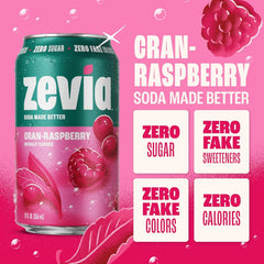 Zevia Zero Sugar Soda, Cran-Raspberry, 12 oz Cans (6-Pack) – Naturally Sweetened, Zero Calorie Sugar Free Soda - Non-GMO Project Verified, Gluten-Free, Vegan