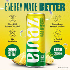 Zevia Zero Sugar Energy Drink, Pineapple Paradise, 12 oz Cans (12-Pack) – Naturally Sweetened, Non-GMO Project Verified, Gluten-Free, Vegan