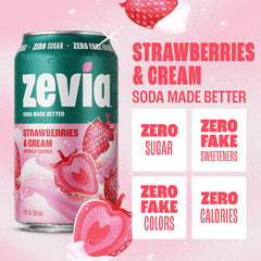 Zevia Zero Sugar Soda, Strawberries and Cream, 12 oz Cans (6-Pack) – Caffeine Free, Naturally Sweetened, No Calorie Soda - Non-GMO Project Verified, Gluten-Free, Vegan