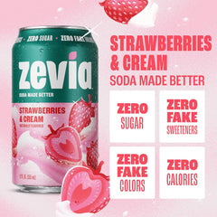 Zevia Zero Sugar Soda, Strawberries and Cream, 12 oz Cans (24-Pack) – Caffeine Free, Naturally Sweetened, No Calorie Soda - Non-GMO Project Verified, Gluten-Free, Vegan