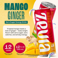Zevia Zero Sugar Energy Drink, Mango Ginger, 12 oz Cans (12-Pack) – Naturally Sweetened, Zero Calorie Sugar Free Energy - Non-GMO Project Verified, Gluten-Free, Vegan