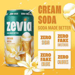 Zevia Zero Sugar Soda, Cream Soda, 16 oz Cans (12-Pack) – Naturally Sweetened, Non-GMO Project Verified, Gluten-Free, Vegan