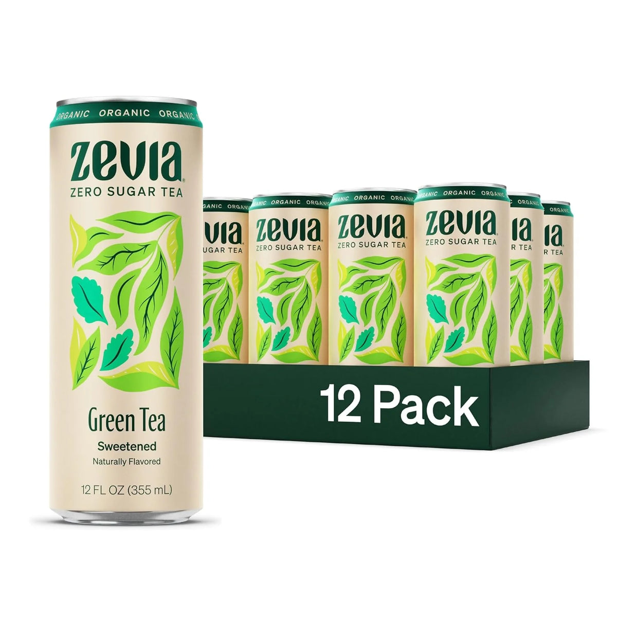 Zevia Zero Sugar Tea, Green Tea, 12 oz Cans (12-Pack) – Naturally Sweetened, Zero Calorie Sugar Free - Non-GMO Project Verified, Gluten-Free, Vegan